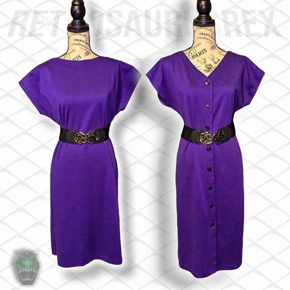 Vintage 1980's Grape Purple Rockabilly Twee Button Front / Back Secretary Dress - Picture 1 of 11